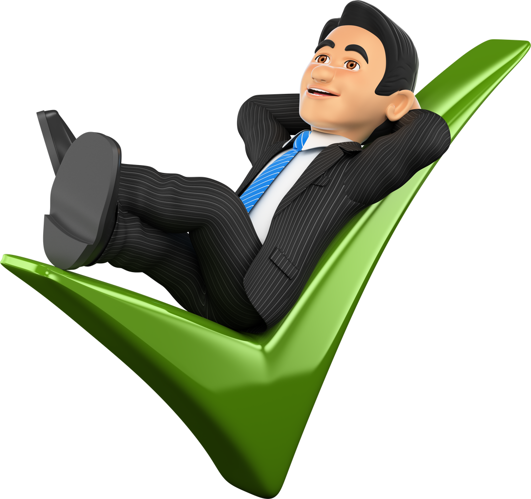 3D Businessman Lying on a Green Tick